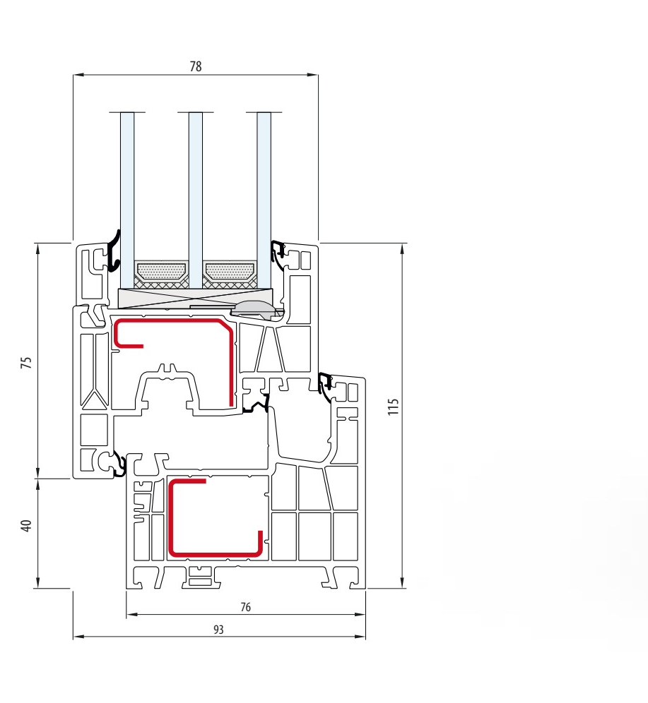 Doorsnede SV-K 76 Qube met triple glas (maten in mm)